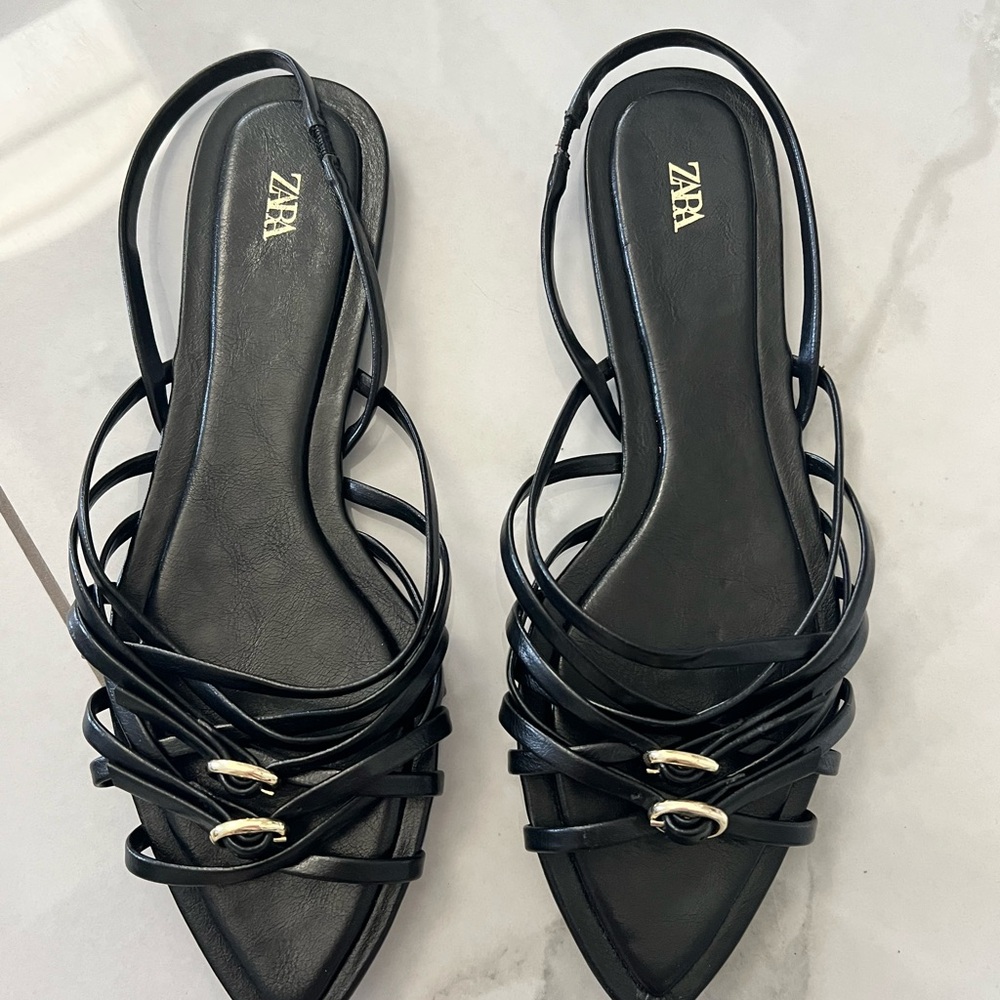 Zara Black Strappy Pointed-Toe Slingback Sandals with Gold Accents Sz 38 (7.5)